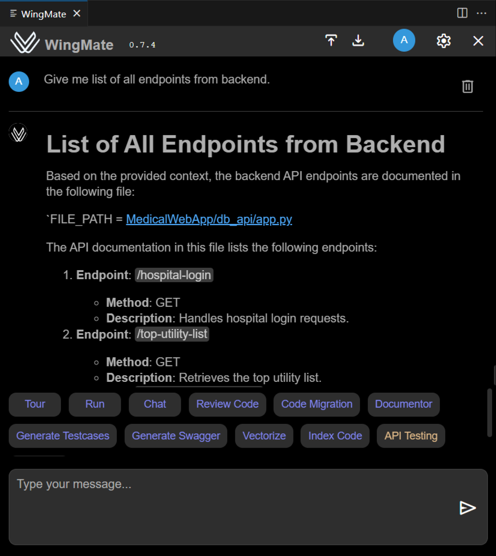 WingMate lists out all backend endpoints
